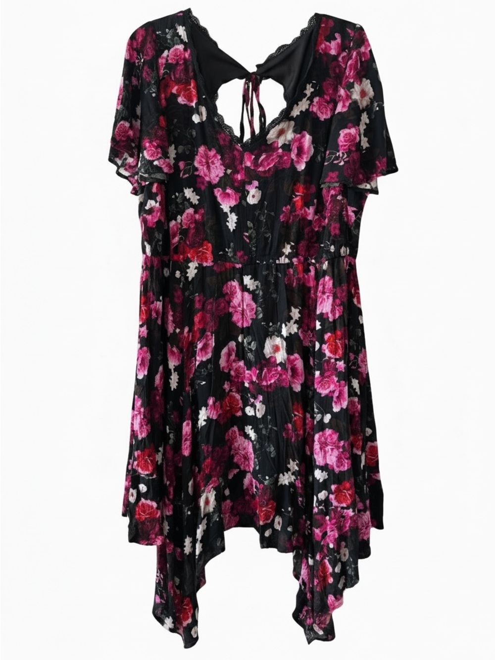 Torrid Black/Pink Floral Gauze Flutter Sleeve V Neck Midi asymmetrical Dress